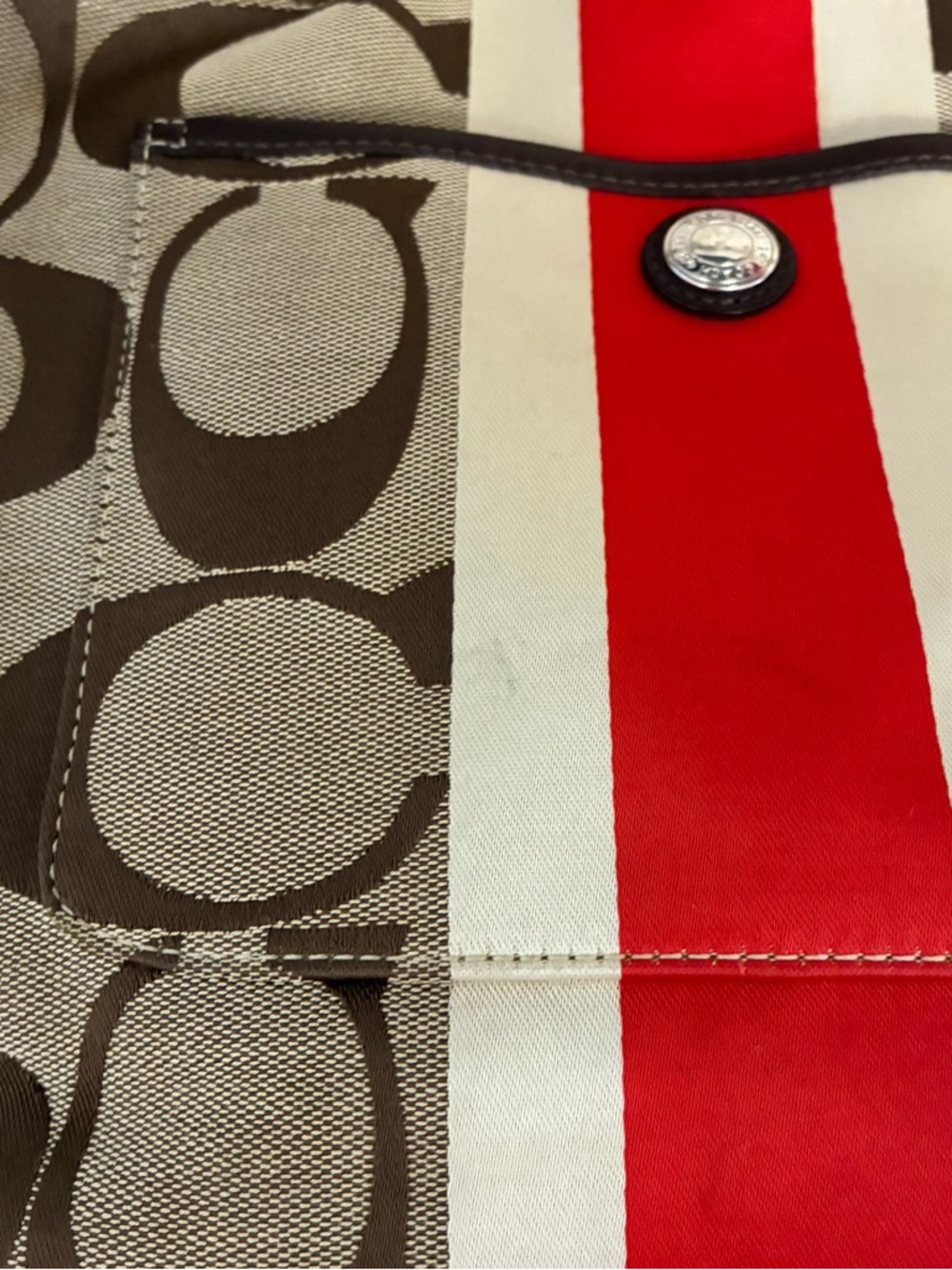 Coach Brown Signature Canvas Shoulder Bag with Red and Cream Stripe - Picture 2 of 8
